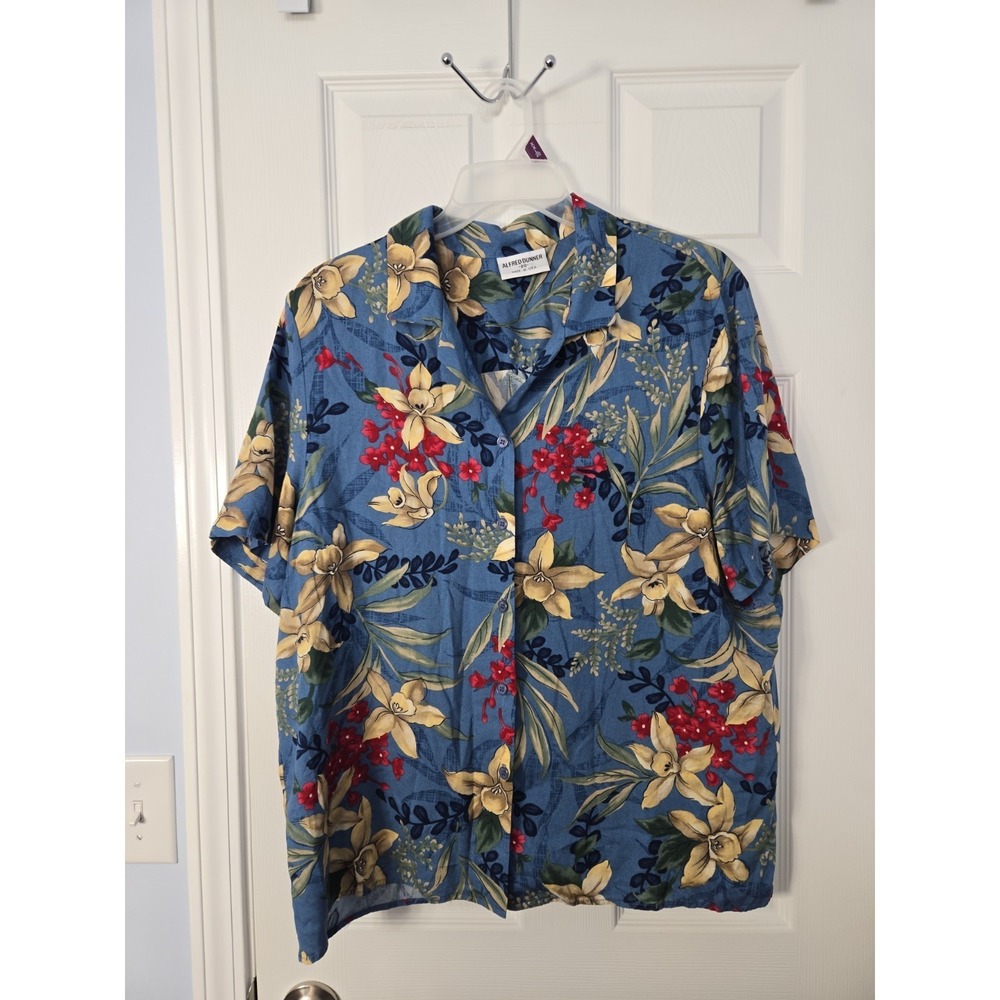 Alfred Dunner Blouse Shirt Plus 20 Blue Floral Short Sleeve Ladies Button
